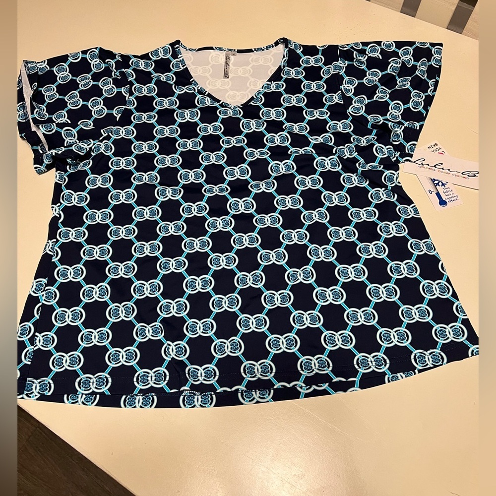 Lulu-B UPF 50 Cooling Fabric Short Sleeve V-Neck Top Chain Link Navy Blue XL NWT